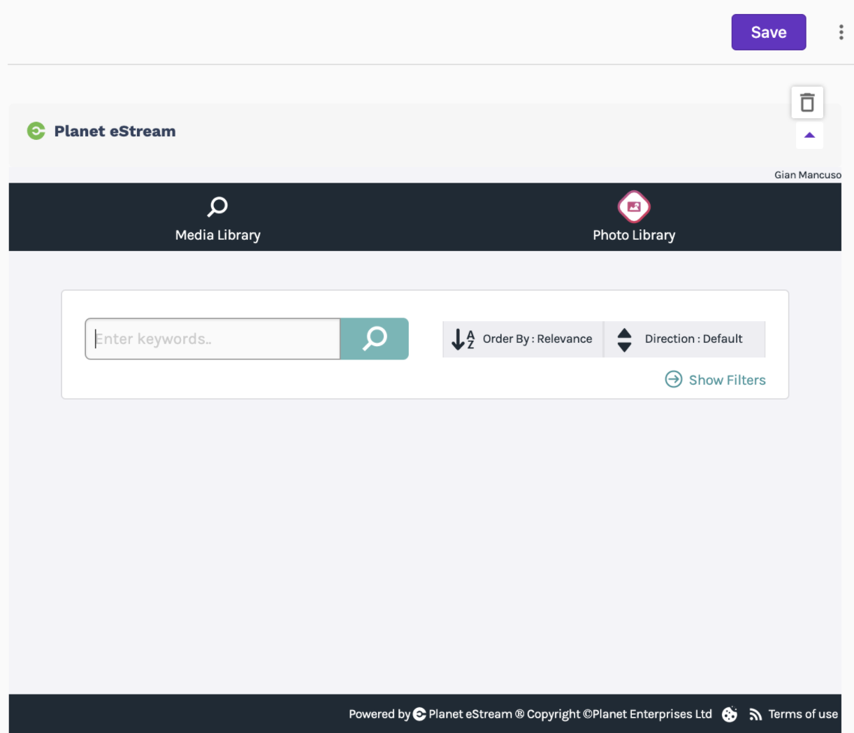 Screenshot of an empty Planet e-Stream content block