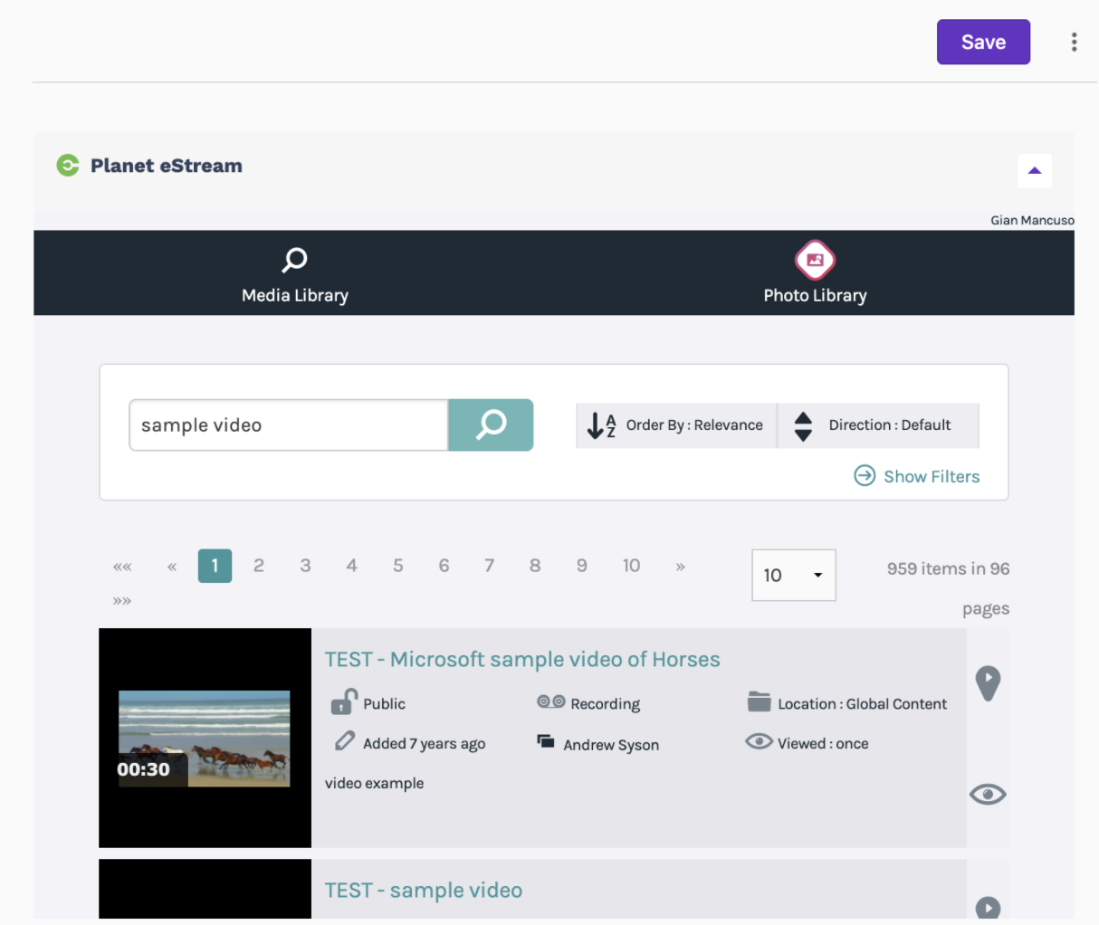 Screenshot of a list of media in Planet e-Stream