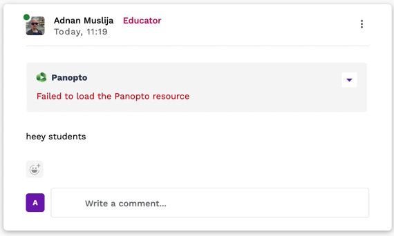 Screenshot of error message that says Failed to Load the Panopto Resource