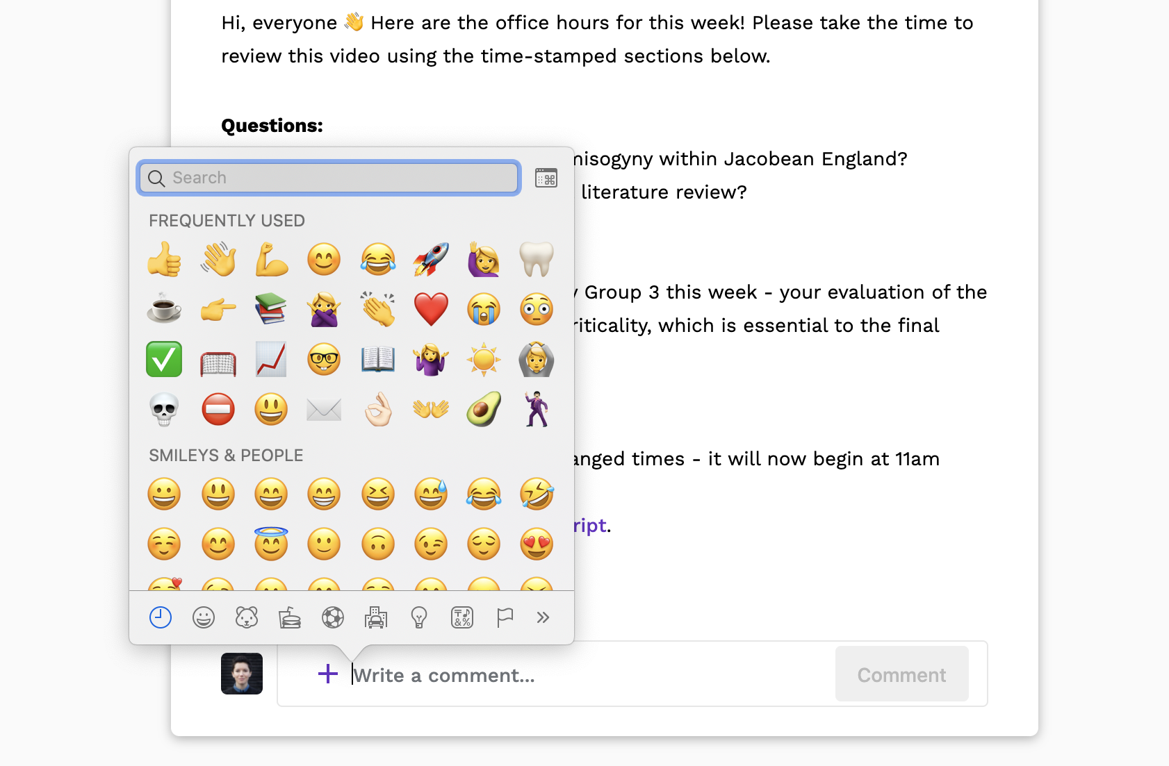 Screenshot of the emoji picker in the editor