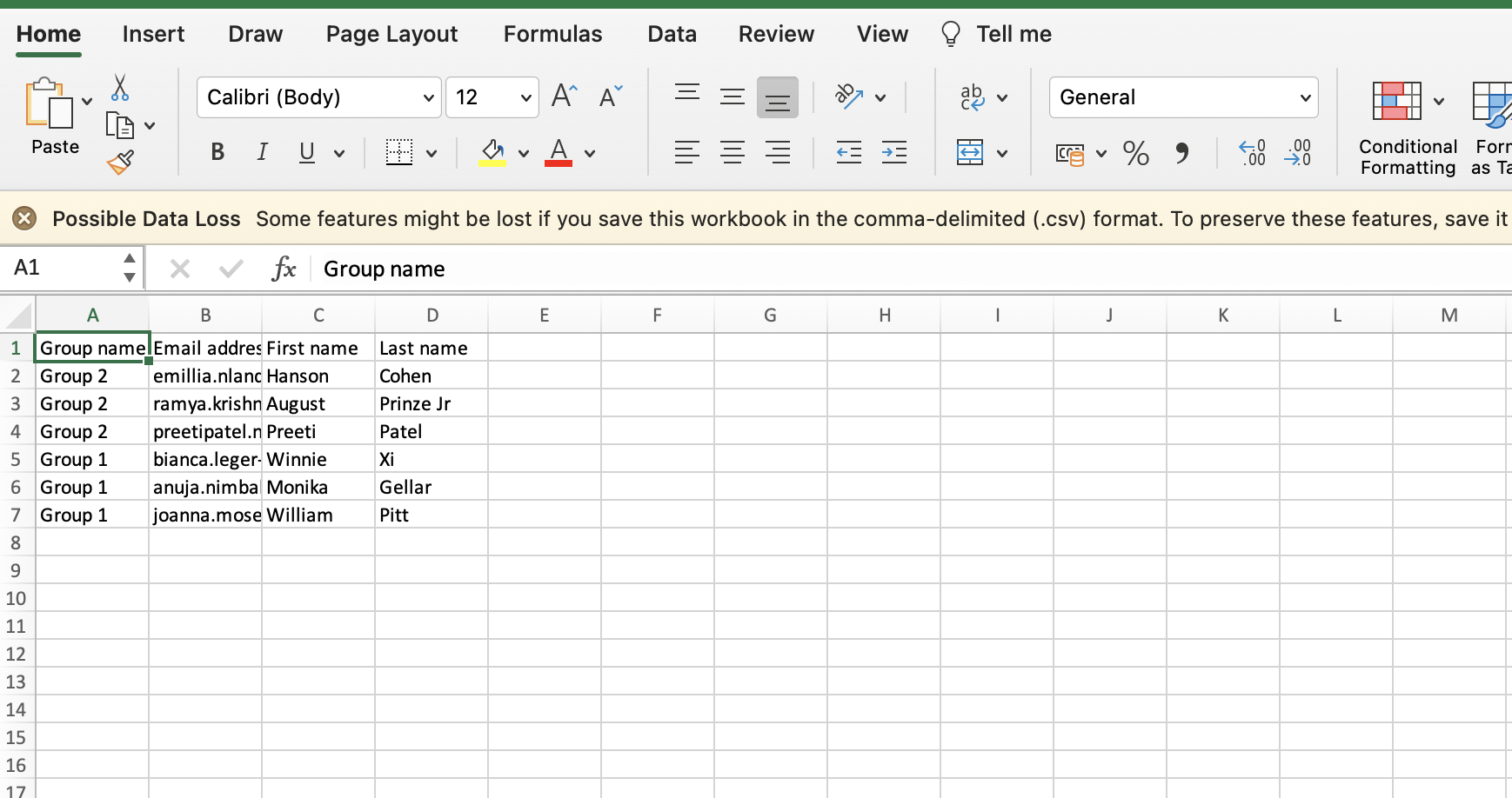 Screenshot of an Excel sheet with 4 columns titled Group Name, Email Address, First Name and Last Name