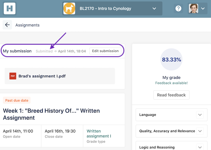 Screenshot of a student Handin assignments page highlighting the submission date