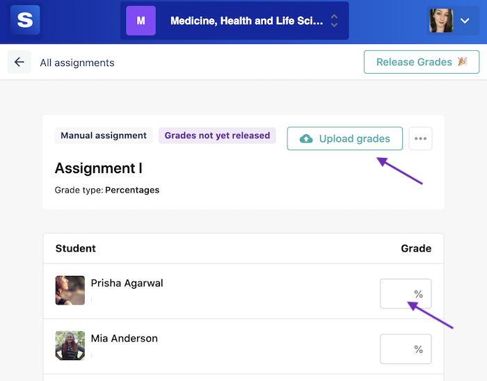 Screenshot highlighting the Upload grades button