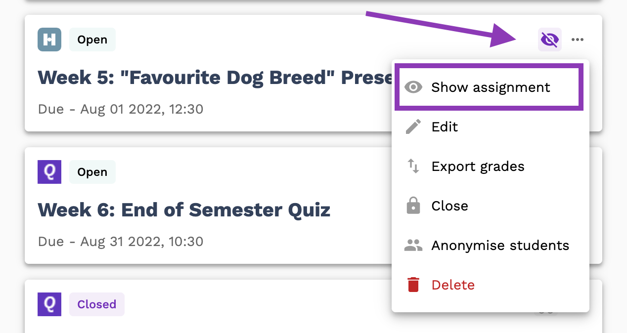 Screenshot highlighting the Show Assignment option in the menu