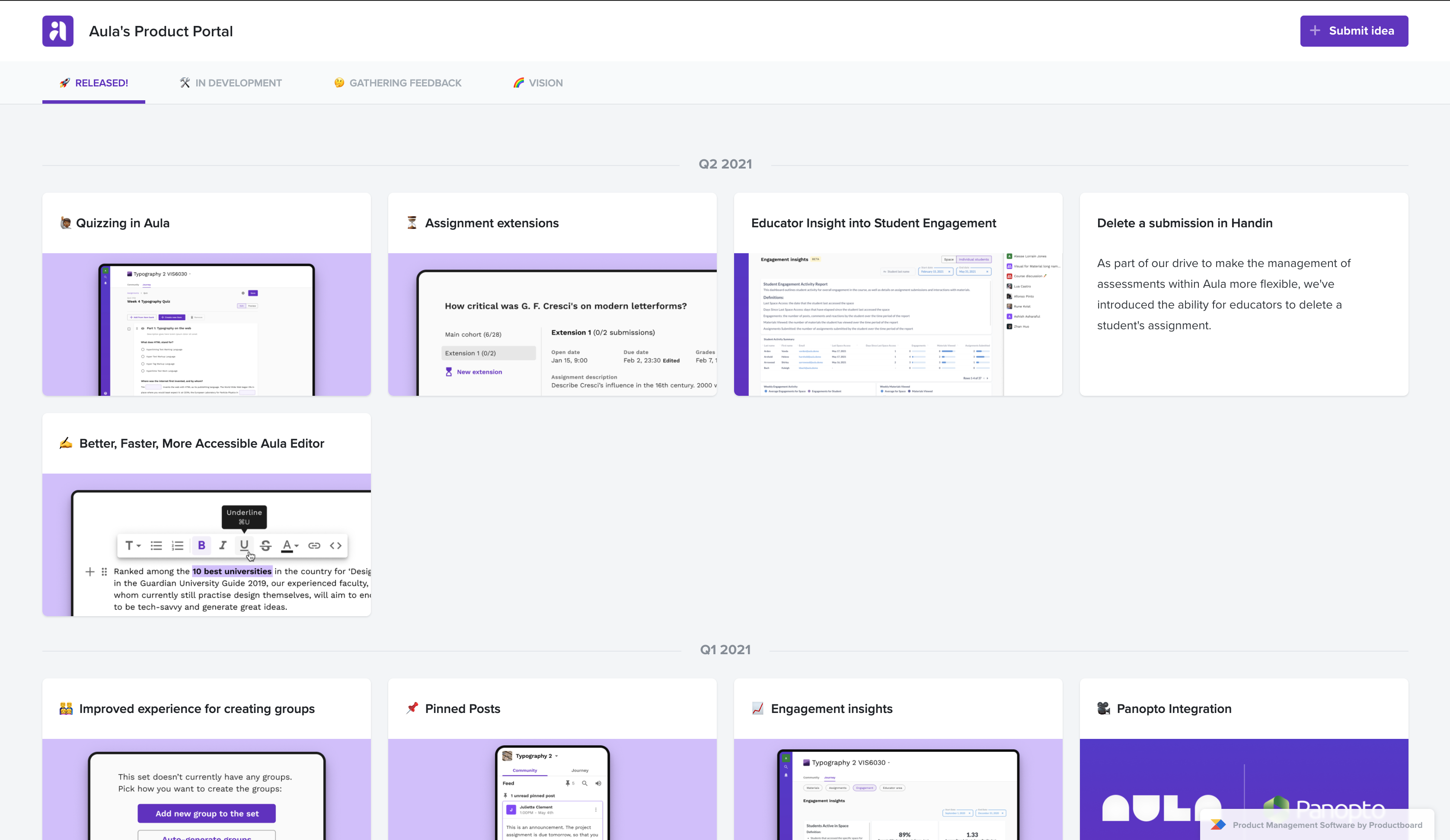 Screenshot of the Aula Product Portal