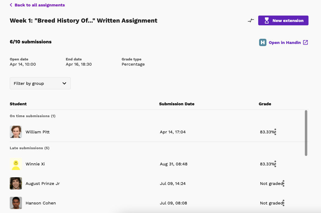 Screenshot of a list of submissions in Handin