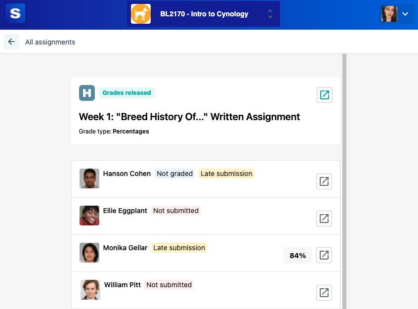 Screenshot of list of assignments in the Student Success App