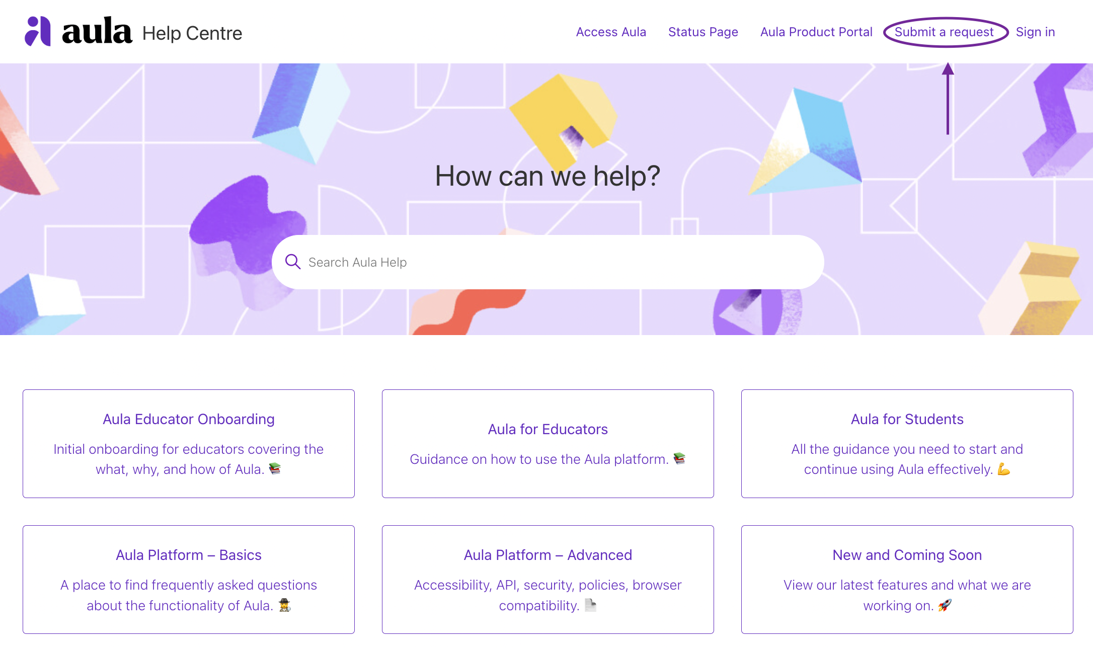 Screenshot of the Help Centre highlighting the Submit a Request button