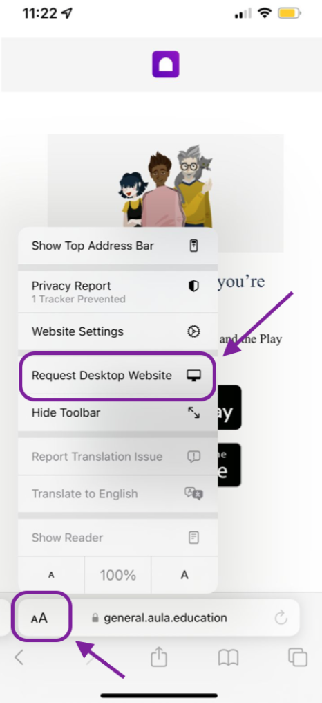 Screenshot showing where Request Desktop Website is