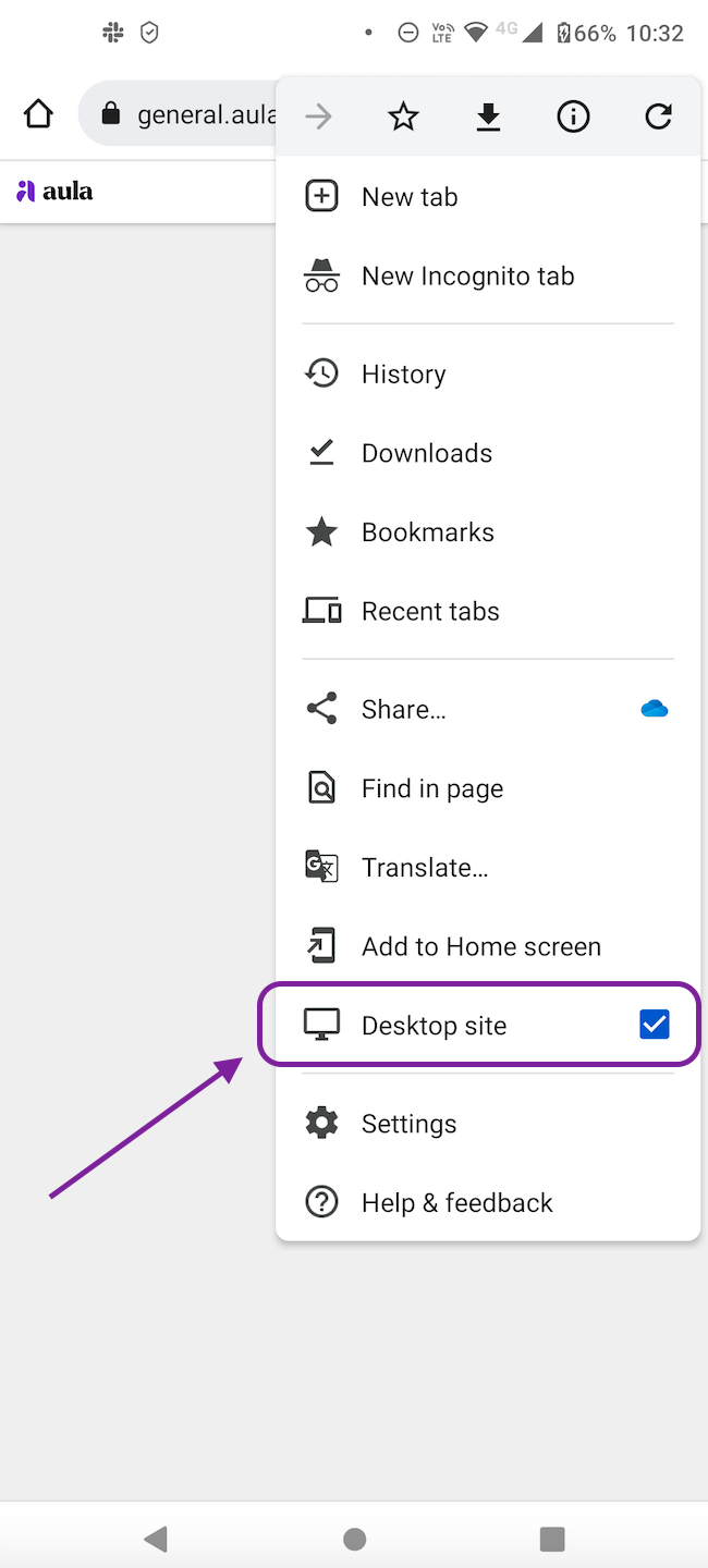 Screenshot showing where the Desktop-site option is